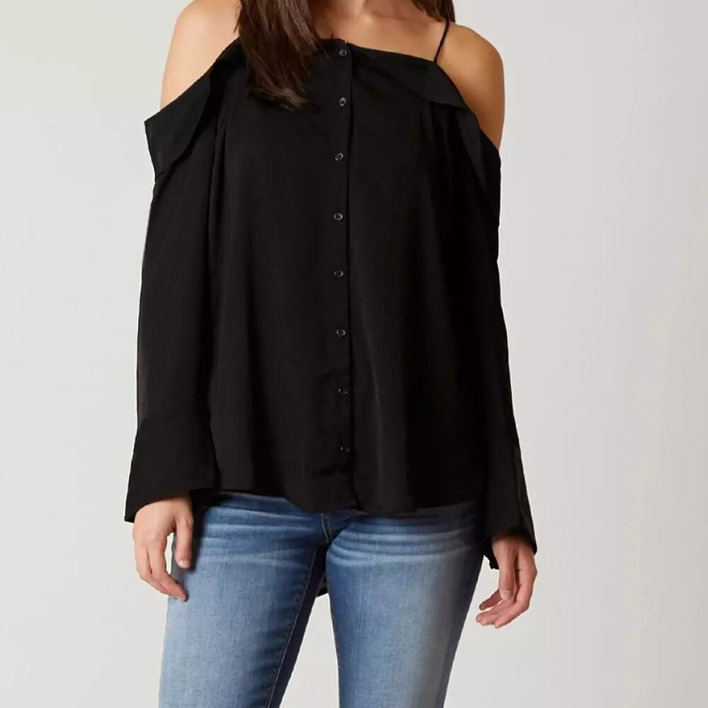 Free People Walk This Way Off the Shoulder Black Button Down Blouse